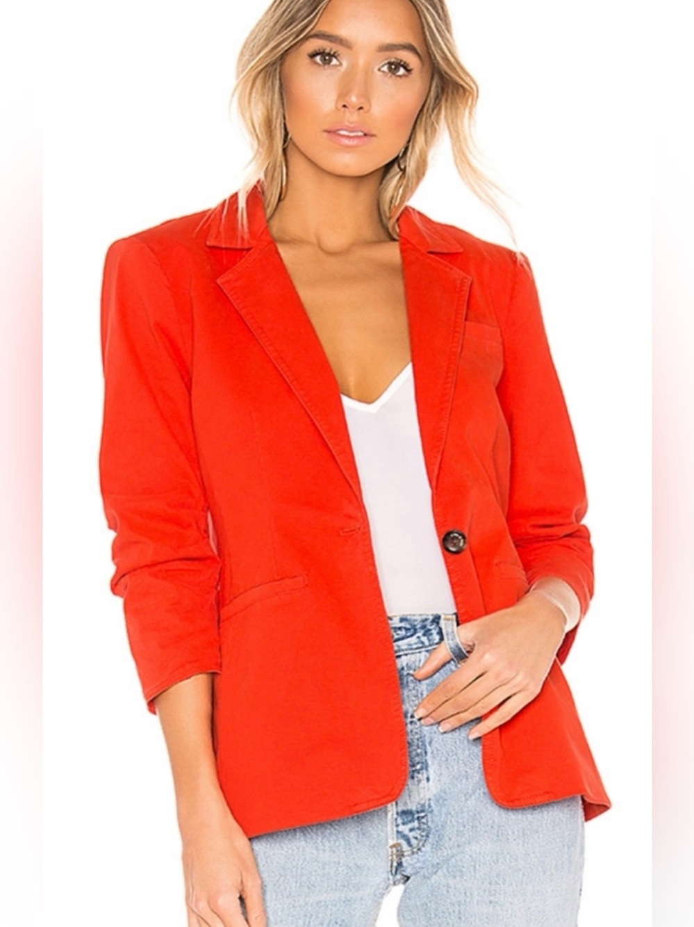 Cinq à Sept Khloe Ruched Sleeve Blazer Coral Orange Size 0 Cotton Stretch